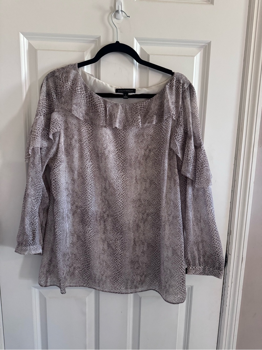 Worthington Taupe Snake-Print Ruffle Detail Blouse
